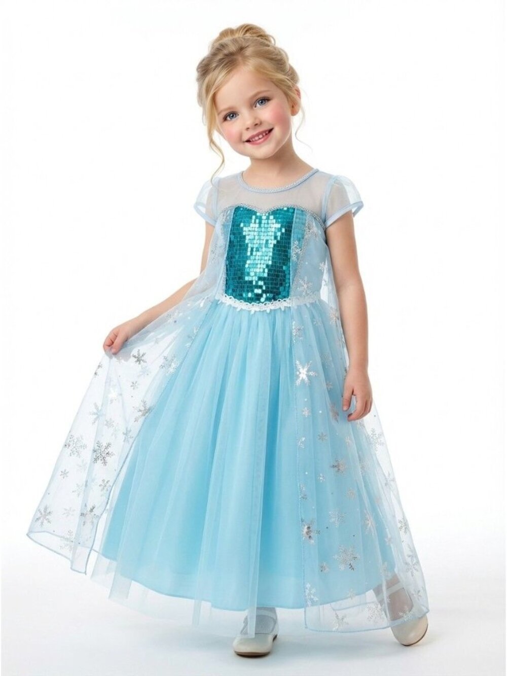 Girls Elsa Frozen Princess Costume Dress Ice Blue Sequin Tulle Snowflake Birthda